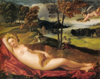 １６世紀ヴェネト派の画家《眠れるヴィーナスのいる風景》（フィレンツェ、パラティーナ絵画館蔵）