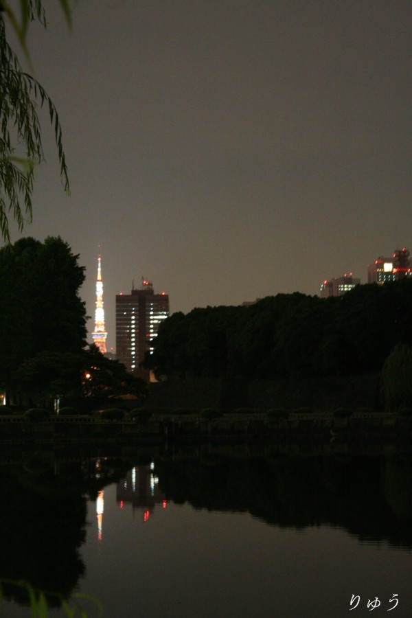 お堀から東京タワーを望む